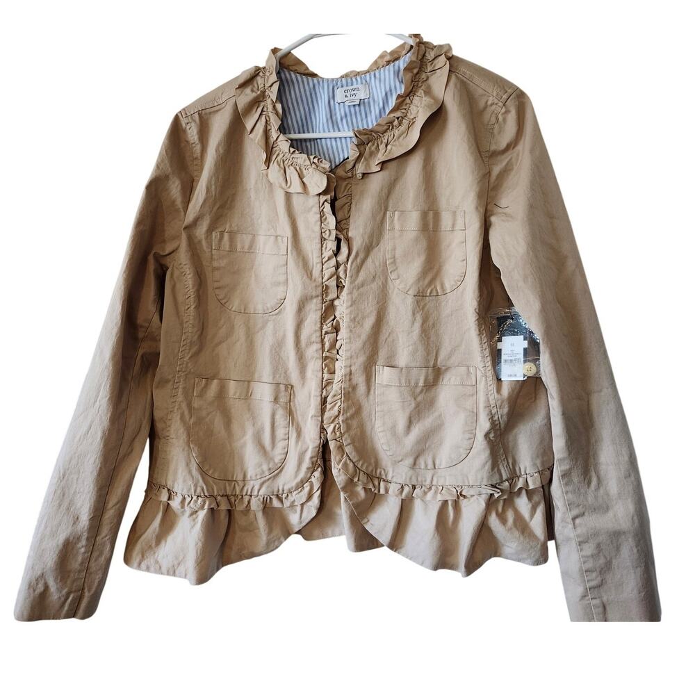 NEW Crown & Ivy Sz 12 Khaki Ruffle Jacket Suit Montauk Weekender II Tan